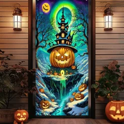 Halloween Door Cover Outdoor Banners Pumpkin UFO Fantasy Psychedelic Party Outdoor Shooting Backgrounds Front Door Wall Porch Decorations Wall Door Background