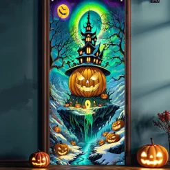 Halloween Door Cover Outdoor Banners Pumpkin UFO Fantasy Psychedelic Party Outdoor Shooting Backgrounds Front Door Wall Porch Decorations Wall Door Background