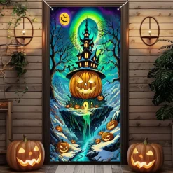Halloween Door Cover Outdoor Banners Pumpkin UFO Fantasy Psychedelic Party Outdoor Shooting Backgrounds Front Door Wall Porch Decorations Wall Door Background