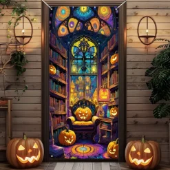 Halloween Door Cover Outdoor Banners Pumpkin UFO Fantasy Psychedelic Party Outdoor Shooting Backgrounds Front Door Wall Porch Decorations Wall Door Background