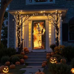 Halloween Door Cover Outdoor Banners Skeleton Flame Psychedelic Dark Punk Gothic Style Party Outdoor Shooting Backgrounds Front Door Wall Porch Decorations Wall Door Background