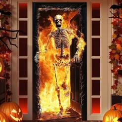 Halloween Door Cover Outdoor Banners Skeleton Flame Psychedelic Dark Punk Gothic Style Party Outdoor Shooting Backgrounds Front Door Wall Porch Decorations Wall Door Background