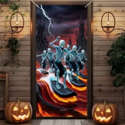 Halloween Door Cover Outdoor Banners Skeleton Pumpkin Psychedelic Dark Punk Gothic Style Party Outdoor Shooting Backgrounds Front Door Wall Porch Decorations Wall Door Background