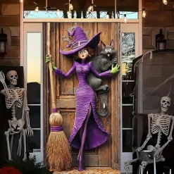 Halloween Door Cover Outdoor Banners Witch Psychedelic Dark Punk Gothic Style Party Outdoor Shooting Backgrounds Front Door Wall Porch Decorations Wall Door Background
