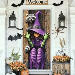Halloween Door Cover Outdoor Banners Witch Psychedelic Dark Punk Gothic Style Party Outdoor Shooting Backgrounds Front Door Wall Porch Decorations Wall Door Background