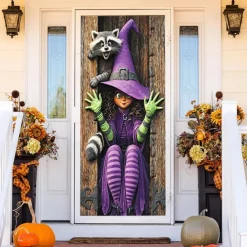 Halloween Door Cover Outdoor Banners Witch Psychedelic Dark Punk Gothic Style Party Outdoor Shooting Backgrounds Front Door Wall Porch Decorations Wall Door Background