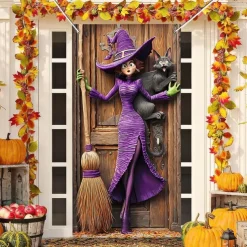 Halloween Door Cover Outdoor Banners Witch Psychedelic Dark Punk Gothic Style Party Outdoor Shooting Backgrounds Front Door Wall Porch Decorations Wall Door Background