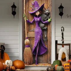 Halloween Door Cover Outdoor Banners Witch Psychedelic Dark Punk Gothic Style Party Outdoor Shooting Backgrounds Front Door Wall Porch Decorations Wall Door Background