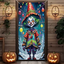 Halloween Door Cover Outdoor Banners Clown Psychedelic Dark Punk Gothic Style Party Outdoor Shooting Backgrounds Front Door Wall Porch Decorations Wall Door Background