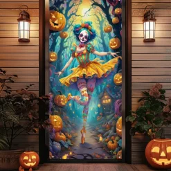 Halloween Door Cover Outdoor Banners Clown Psychedelic Dark Punk Gothic Style Party Outdoor Shooting Backgrounds Front Door Wall Porch Decorations Wall Door Background