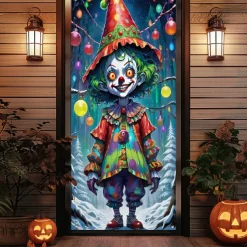 Halloween Door Cover Outdoor Banners Clown Psychedelic Dark Punk Gothic Style Party Outdoor Shooting Backgrounds Front Door Wall Porch Decorations Wall Door Background