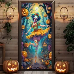 Halloween Door Cover Outdoor Banners Clown Psychedelic Dark Punk Gothic Style Party Outdoor Shooting Backgrounds Front Door Wall Porch Decorations Wall Door Background