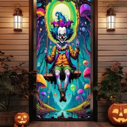 Halloween Door Cover Outdoor Banners Clown Psychedelic Dark Punk Gothic Style Party Outdoor Shooting Backgrounds Front Door Wall Porch Decorations Wall Door Background