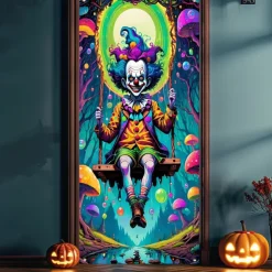 Halloween Door Cover Outdoor Banners Clown Psychedelic Dark Punk Gothic Style Party Outdoor Shooting Backgrounds Front Door Wall Porch Decorations Wall Door Background