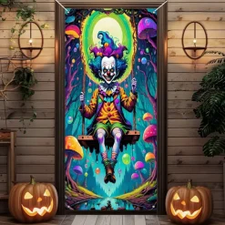 Halloween Door Cover Outdoor Banners Clown Psychedelic Dark Punk Gothic Style Party Outdoor Shooting Backgrounds Front Door Wall Porch Decorations Wall Door Background