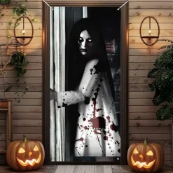 Halloween Door Cover Outdoor Banners Witch Ghost Psychedelic Dark Punk Gothic Style Party Outdoor Shooting Backgrounds Front Door Wall Porch Decorations Wall Door Background
