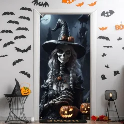 Halloween Door Cover Outdoor Banners Witch 3D Psychedelic Party Outdoor Shooting Backgrounds Front Door Wall Porch Decorations Wall Door Background