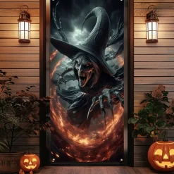 Halloween Door Cover Outdoor Banners Witch 3D Psychedelic Party Outdoor Shooting Backgrounds Front Door Wall Porch Decorations Wall Door Background