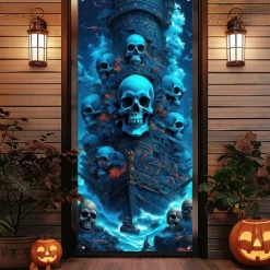 Halloween Door Cover Outdoor Banners Skeleton 3D Psychedelic Party Outdoor Shooting Backgrounds Front Door Wall Porch Decorations Wall Door Background