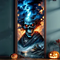 Halloween Door Cover Outdoor Banners Skeleton 3D Psychedelic Party Outdoor Shooting Backgrounds Front Door Wall Porch Decorations Wall Door Background