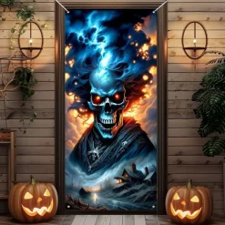 Halloween Door Cover Outdoor Banners Skeleton 3D Psychedelic Party Outdoor Shooting Backgrounds Front Door Wall Porch Decorations Wall Door Background