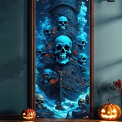 Halloween Door Cover Outdoor Banners Skeleton 3D Psychedelic Party Outdoor Shooting Backgrounds Front Door Wall Porch Decorations Wall Door Background