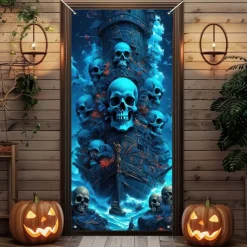 Halloween Door Cover Outdoor Banners Skeleton 3D Psychedelic Party Outdoor Shooting Backgrounds Front Door Wall Porch Decorations Wall Door Background