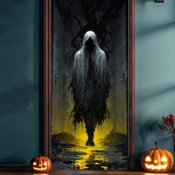 Halloween Door Covers Death God Door Tapestry Door Curtain Decoration Backdrop Door Banner for Front Door Farmhouse Holiday Party Indoor Outdoor Decor Supplies