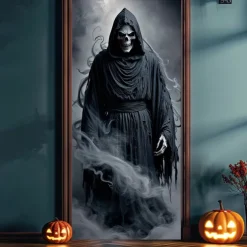 Halloween Door Covers Death God Door Tapestry Door Curtain Decoration Backdrop Door Banner for Front Door Farmhouse Holiday Party Indoor Outdoor Decor Supplies
