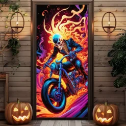 Halloween Door Covers Door Death Motorcycle Tapestry Door Curtain Decoration Backdrop Door Banner for Front Door Farmhouse Holiday Party Indoor Outdoor Decor Supplies