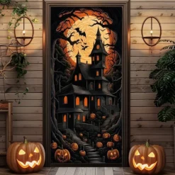 Halloween Door Covers Door Tapestry Door Curtain Decoration Backdrop Door Banner for Front Door Farmhouse Holiday Party Indoor Outdoor Decor Supplies