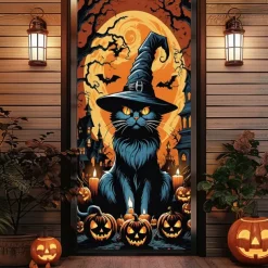 Halloween Door Covers Door Black Cat Tapestry Door Curtain Decoration Backdrop Door Banner for Front Door Farmhouse Holiday Party Indoor Outdoor Decor Supplies