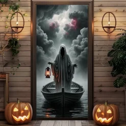 Halloween Door Covers Ferryman Door Tapestry Door Curtain Decoration Backdrop Door Banner for Front Door Farmhouse Holiday Party Indoor Outdoor Decor Supplies