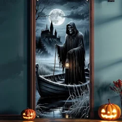 Halloween Door Covers Ferryman Door Tapestry Door Curtain Decoration Backdrop Door Banner for Front Door Farmhouse Holiday Party Indoor Outdoor Decor Supplies