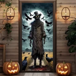 Halloween Door Covers Pumpkin Scarecrow Door Tapestry Door Curtain Decoration Backdrop Door Banner for Front Door Farmhouse Holiday Party Indoor Outdoor Decor Supplies