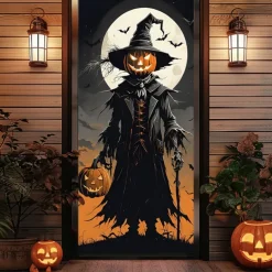 Halloween Door Covers Pumpkin Scarecrow Door Tapestry Door Curtain Decoration Backdrop Door Banner for Front Door Farmhouse Holiday Party Indoor Outdoor Decor Supplies