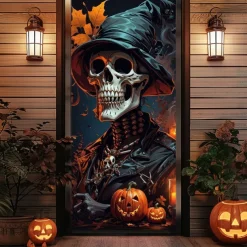 Halloween Door Covers Skeletons Witch Door Tapestry Door Curtain Decoration Backdrop Door Banner for Front Door Farmhouse Holiday Party Indoor Outdoor Decor Supplies