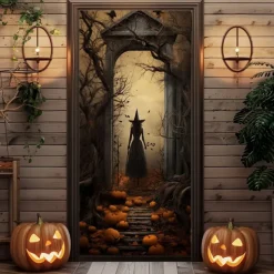 Halloween Door Covers Witch Door Tapestry Door Curtain Decoration Backdrop Door Banner for Front Door Farmhouse Holiday Party Indoor Outdoor Decor Supplies