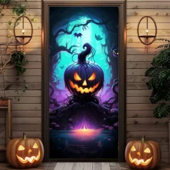 Halloween Door Decorations Halloween Door Covers Jack O Lantern Pumpkin Castle Door Tapestry Door Curtain Decoration Backdrop Door Banner for Front Door Farmhouse Holiday Party Decor Supplies