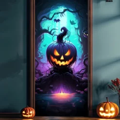 Halloween Door Decorations Halloween Door Covers Jack O Lantern Pumpkin Castle Door Tapestry Door Curtain Decoration Backdrop Door Banner for Front Door Farmhouse Holiday Party Decor Supplies