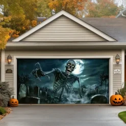 Halloween Door Decorations Outdoor Halloween Garage Door Cover Skeleton Graveyard Banner Pumpkin Skull Outside Large Backdrop Decoration for Holiday Outdoor Garage Door Home Wall Decorations