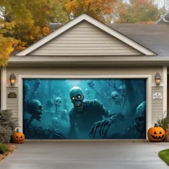 Halloween Door Decorations Outdoor Halloween Garage Door Cover Skeleton Graveyard Banner Pumpkin Skull Outside Large Backdrop Decoration for Holiday Outdoor Garage Door Home Wall Decorations