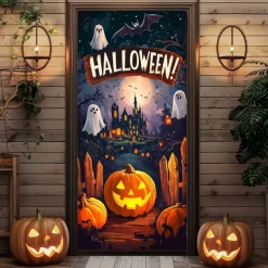 Halloween Door Decorations Halloween Door Covers Jack O Lantern Pumpkin Door Curtain Door Tapestry Decoration Backdrop Door Banner for Front Door Farmhouse Holiday Party Indoor Outdoor Decor Supplies