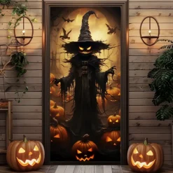 Halloween Door Decorations Halloween Door Covers Jack O Lantern Pumpkin Door Tapestry Door Curtain Decoration Backdrop Door Banner for Front Door Farmhouse Holiday Party Decor Supplies Scarecrow