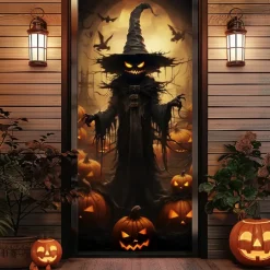Halloween Door Decorations Halloween Door Covers Jack O Lantern Pumpkin Door Tapestry Door Curtain Decoration Backdrop Door Banner for Front Door Farmhouse Holiday Party Decor Supplies Scarecrow