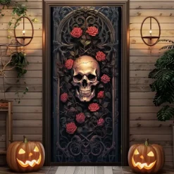 Halloween Door Decorations Skeleton Halloween Door Covers Door Tapestry Door Curtain Decoration Backdrop Door Banner for Front Door Farmhouse Holiday Party Decor Supplies Pumpkins Crow