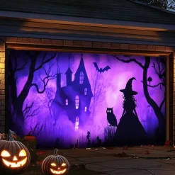 Halloween Door Decorations Outdoor Halloween Garage Door Cover Jack O Lantern Banner Large Tapestry Backdrop Scarecrow Decoration for Holiday Outdoor Garage Door Home Wall Decorations