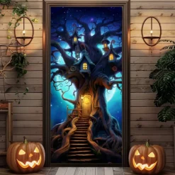 Halloween Door Decorations Halloween Door Covers Jack O Lantern Door Tapestry Pumpkin Crow Door Curtain Decoration Backdrop Door Banner for Front Door Farmhouse Holiday Party Decor Supplies