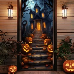 Halloween Door Decorations Halloween Door Covers Jack O Lantern Door Tapestry Pumpkin Crow Door Curtain Decoration Backdrop Door Banner for Front Door Farmhouse Holiday Party Decor Supplies