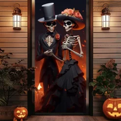 Halloween Door Decorations Skull Couple Door Covers Door Tapestry Door Curtain Decoration Backdrop Door Banner for Front Door Farmhouse Holiday Party Decor Supplies